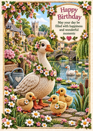 Knitted Goose Vintage Pond A4 Portrait  Birthday Card Topper