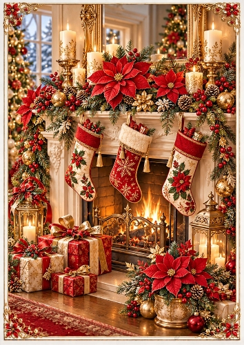 Poinsettia Christmas Mantel A4 Portrait Card Topper
