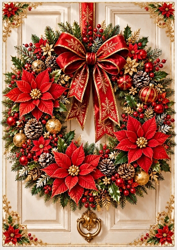 Poinsettia Christmas Wreath A4 Portrait Card Topper