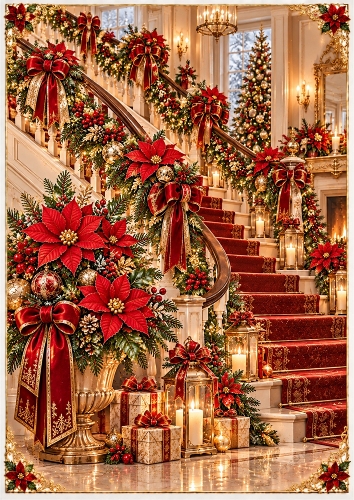 Poinsettia Christmas Staircase A4 Portrait Card Topper
