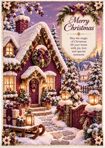 Knitted Plum Christmas Cottage A4 Portrait Card Topper