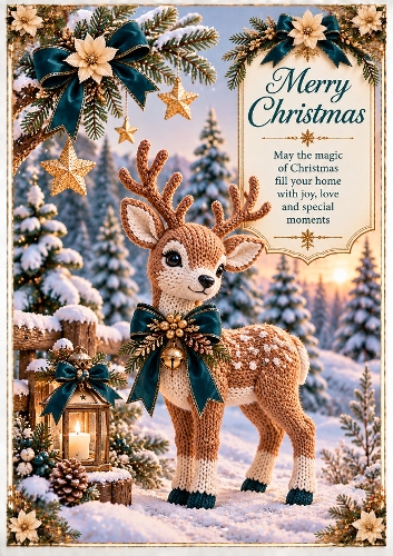 Knitted Teal Christmas Deer A4 Portrait Card Topper 