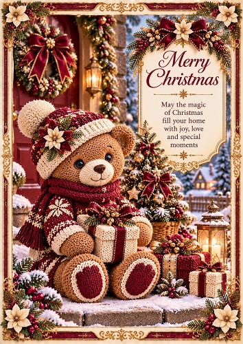 Knitted Burgundy Christmas Bear A4 Portrait Card Topper 