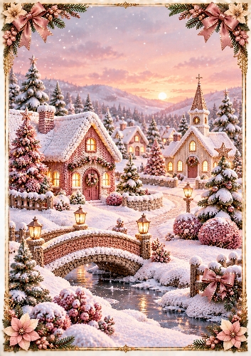 Knitted Dusky Pink Christmas Village A4 Portrait Card Topper 
