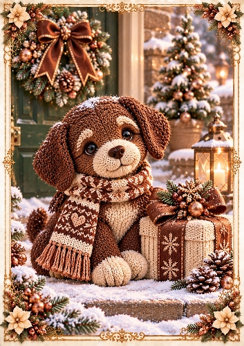 Knitted Chocolate Christmas Puppy A4 Portrait Card Topper 