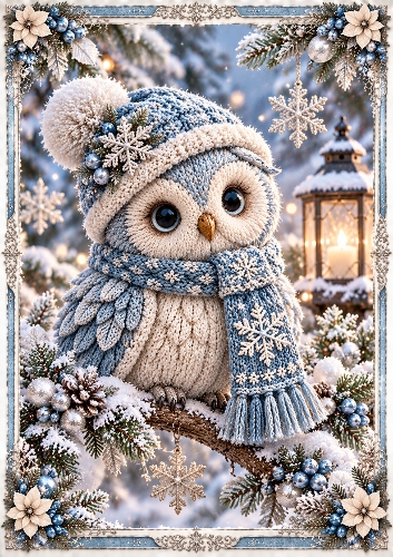 Knitted Icy Blue Christmas Owl A4 Portrait Card Topper 