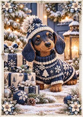Knitted Navy Christmas Dachshund A4 Portrait Card Topper 