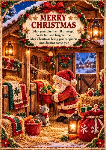 Knitted Santas Christmas Reindeer Stable A4 Portrait Card Topper