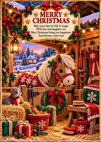 Knitted Christmas Pony Stable A4 Portrait Card Topper