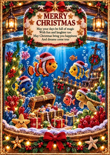 Knitted Christmas Aquarium A4 Portrait Card Topper