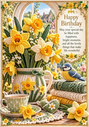 Knitted Spring Daffodils Birthday A4 Portrait Card Topper