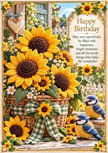 Knitted Sunflower Basket Birthday A4 Portrait Card Topper