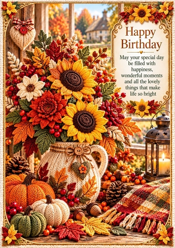 Knitted Autumn Florals Birthday A4 Portrait Card Topper