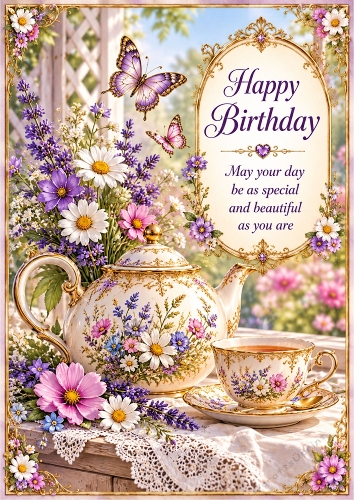 Teapot And Wildflower Birthday A4 Portrait  Card Topper