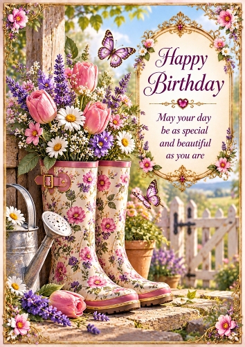 Garden Boots And Flowers Birthday A4 Portrait  Card Topper