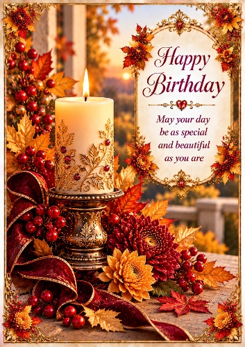 Autumn Candle And Berries Birthday A4 Portrait Card Topper