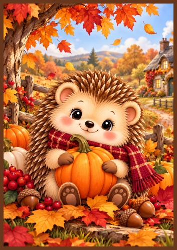 Cute Autumn Hedgehog A4 Portrait Card Topper