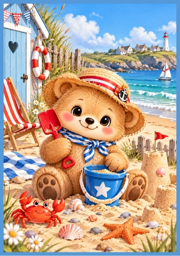 Seaside Bear With Bucket And Spade A4 Portrait Card Topper