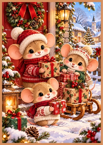 Cute Christmas Mice A4 Portrait Card Topper