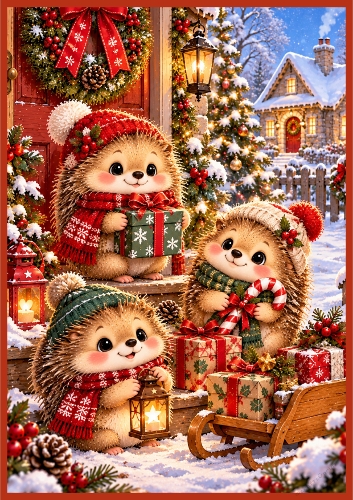 Cute Festive Hedgehogs A4 Portrait Card Topper