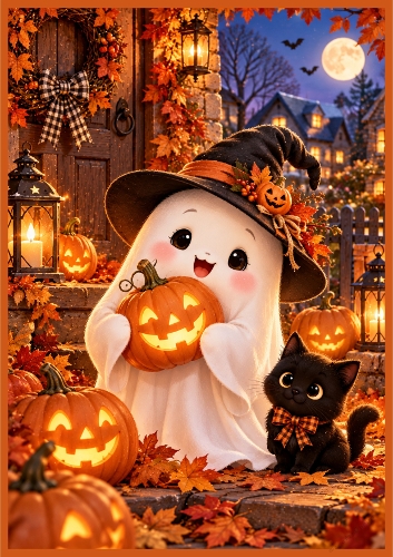 Friendly Ghost With Pumpkins A4 Portrait Card Topper