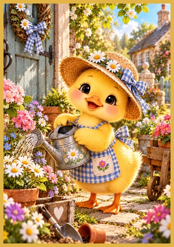 Cute Duckling With Watering Can A4 Portrait Card Topper