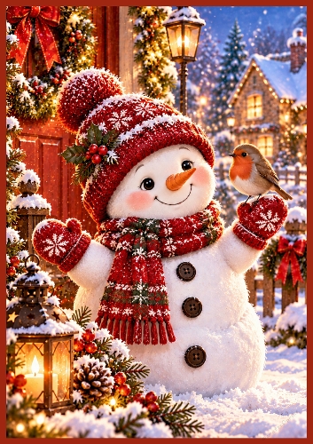 Cute Snowman With A Robin A4 Portrait Card Topper