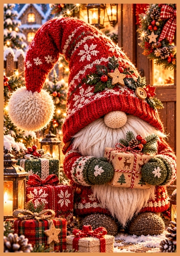 Knitted Christmas Gnome A4 Portrait Card Topper