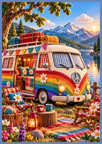 Knitted Rainbow Campervan A4 Portrait Card Topper