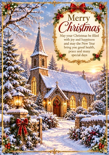 Snowy Church Christmas A4 Portrait Card Topper