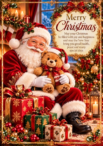 Santa And Teddy Christmas A4 Portrait Card Topper