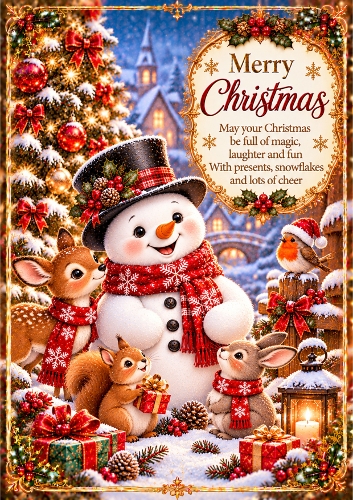 Snowman And Friends Christmas A4 Portrait Card Topper