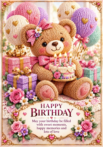 Knitted Birthday Bear A4 Portrait Birthday Card Topper