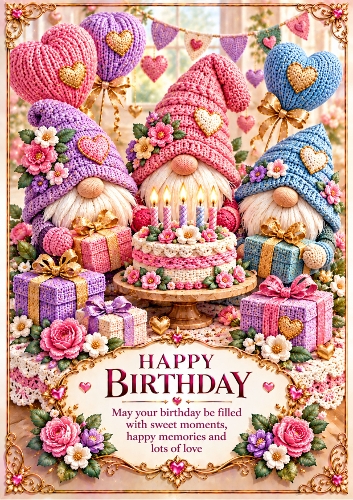 Knitted Birthday Gnomes A4 Portrait Birthday Card Topper