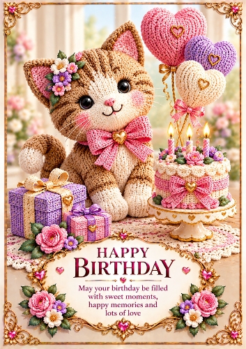 Knitted Birthday Cat A4 Portrait Birthday Card Topper