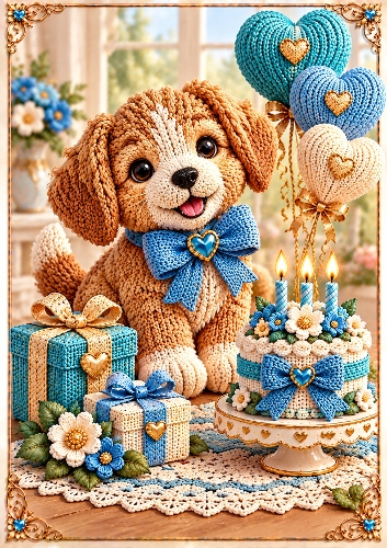 Knitted Birthday Puppy A4 Portrait Birthday Card Topper