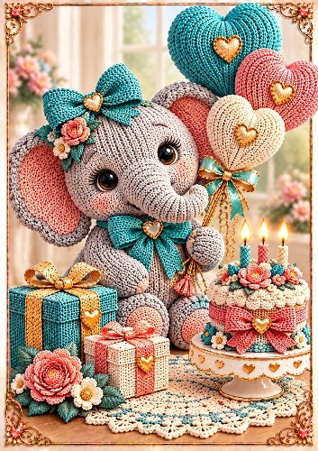 Knitted Birthday Elephant A4 Portrait Birthday Card Topper