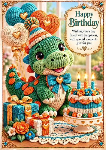 Knitted Birthday Dinosaur A4 Portrait Birthday Card Topper