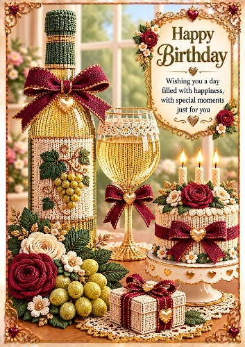 Knitted Birthday Wine A4 Portrait Birthday Card Topper