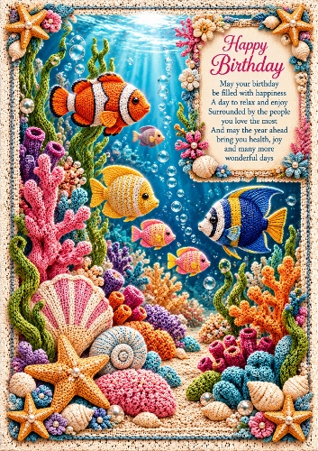 Knitted Aquarium Birthday  A4 Portrait Card Topper