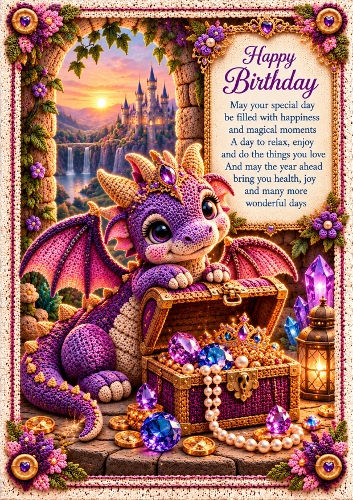 Knitted Dragons Treasure Birthday  A4 Portrait Card Topper