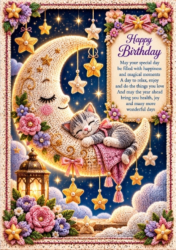 Knitted Mon And Stars Birthday  A4 Portrait Card Topper