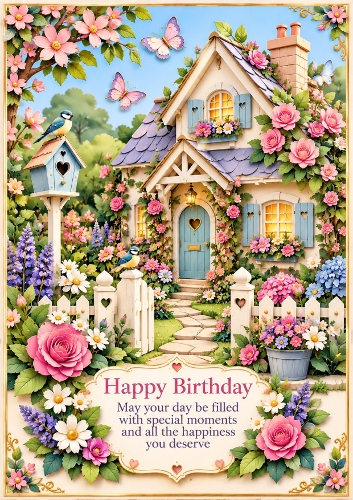 Pretty Cottage Garden A4 Portrait Birthday Card Topper