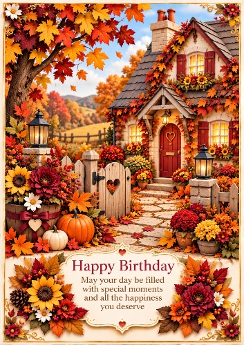 Cosy Autumn Cottage A4 Portrait Birthday Card Topper