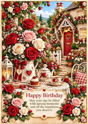 Red Rose Cottage A4 Portrait Birthday Card Topper