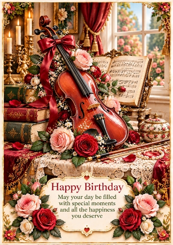 Vintage Violin And Roses A4 Portrait Birthday Card Topper