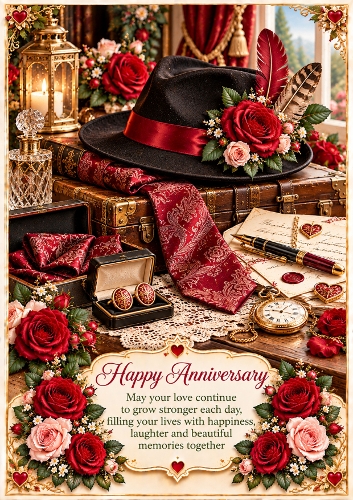 Gentlemans Hat & Rose Accessories A4 Portrait Anniversary Card Topper