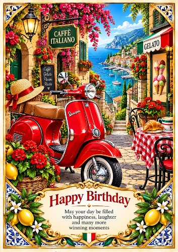 Italian Vespa Street Scene Birthday A4 Portrait Card Topper