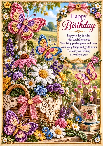 Knitted Butterfly Meadow A4 Portrait Birthday Card Topper