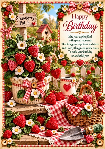 Knitted Strawberry Patch A4 Portrait Birthday Card Topper